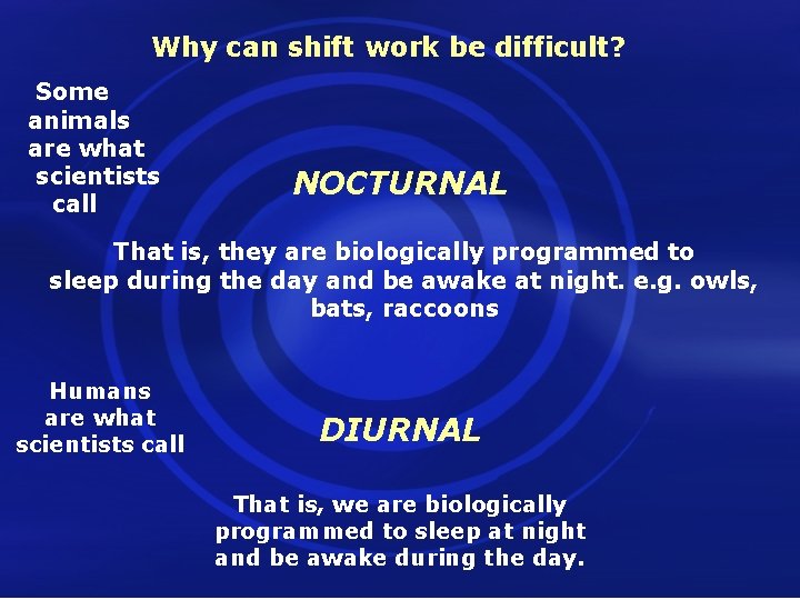 Why can shift work be difficult? Some animals are what scientists call NOCTURNAL That