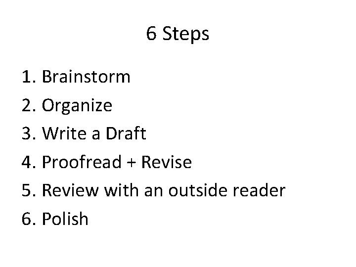 6 Steps 1. Brainstorm 2. Organize 3. Write a Draft 4. Proofread + Revise
