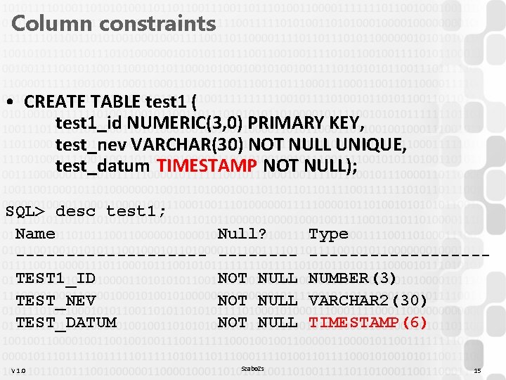 Column constraints • CREATE TABLE test 1 ( test 1_id NUMERIC(3, 0) PRIMARY KEY, Column constraints • CREATE TABLE test 1 ( test 1_id NUMERIC(3, 0) PRIMARY KEY,