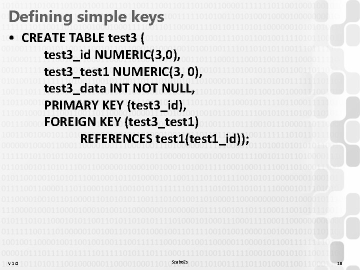 Defining simple keys • CREATE TABLE test 3 ( test 3_id NUMERIC(3, 0), test Defining simple keys • CREATE TABLE test 3 ( test 3_id NUMERIC(3, 0), test