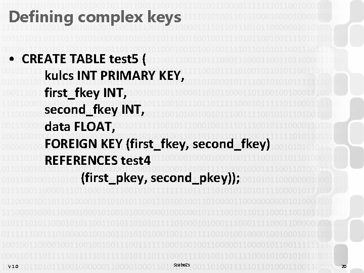 Defining complex keys • CREATE TABLE test 5 ( kulcs INT PRIMARY KEY, first_fkey Defining complex keys • CREATE TABLE test 5 ( kulcs INT PRIMARY KEY, first_fkey