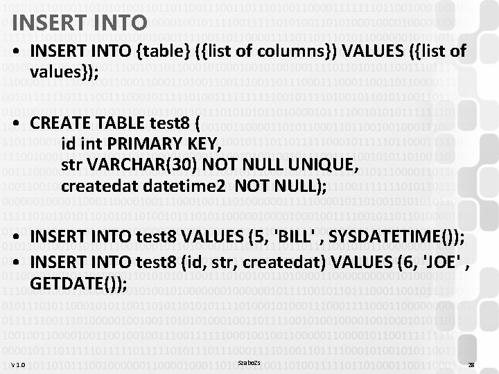 INSERT INTO • INSERT INTO {table} ({list of columns}) VALUES ({list of values}); • INSERT INTO • INSERT INTO {table} ({list of columns}) VALUES ({list of values}); •