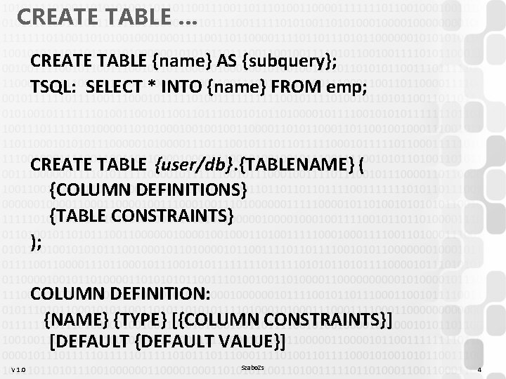CREATE TABLE … CREATE TABLE {name} AS {subquery}; TSQL: SELECT * INTO {name} FROM CREATE TABLE … CREATE TABLE {name} AS {subquery}; TSQL: SELECT * INTO {name} FROM