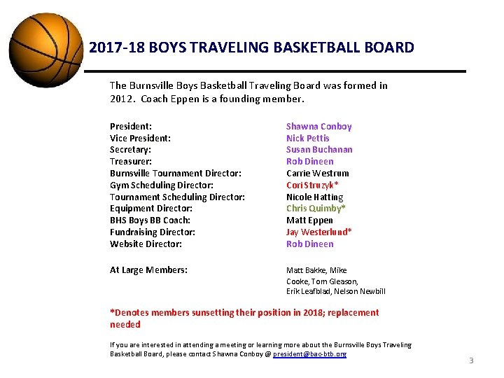 2017 -18 BOYS TRAVELING BASKETBALL BOARD The Burnsville Boys Basketball Traveling Board was formed