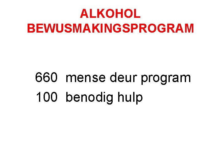 ALKOHOL BEWUSMAKINGSPROGRAM 660 mense deur program 100 benodig hulp 