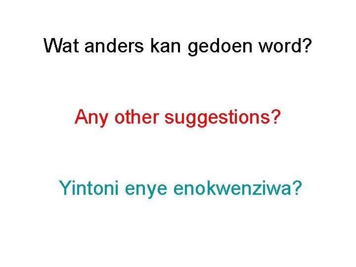 Wat anders kan gedoen word? Any other suggestions? Yintoni enye enokwenziwa? 