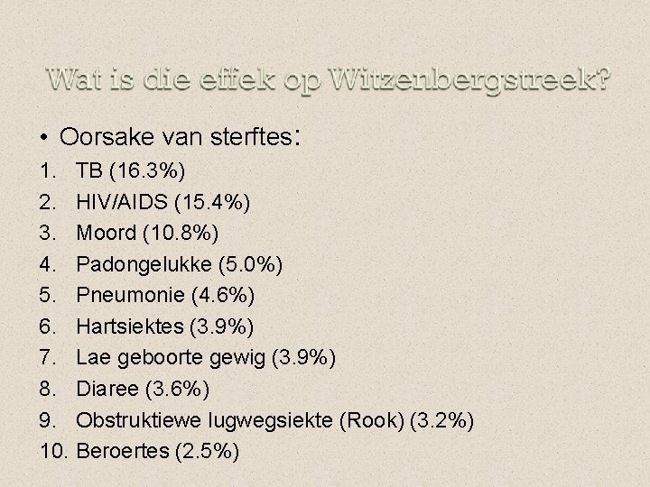  • Oorsake van sterftes: 1. TB (16. 3%) 2. HIV/AIDS (15. 4%) 3.