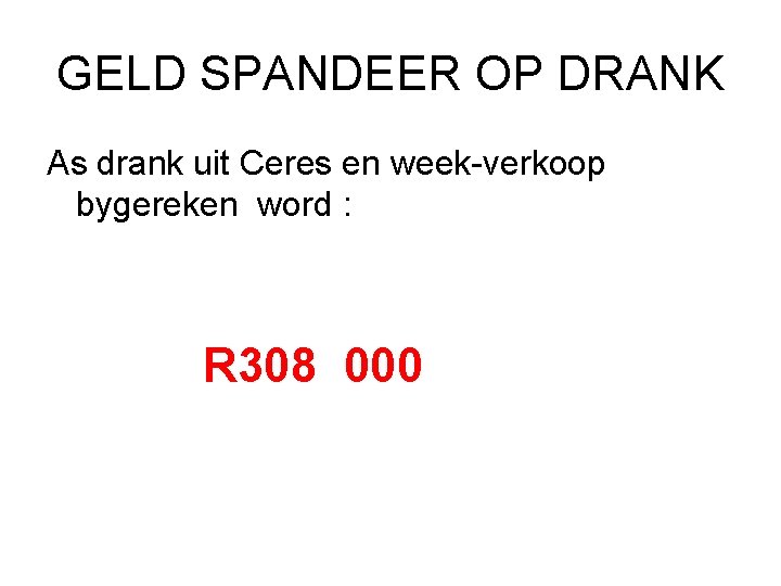 GELD SPANDEER OP DRANK As drank uit Ceres en week-verkoop bygereken word : R