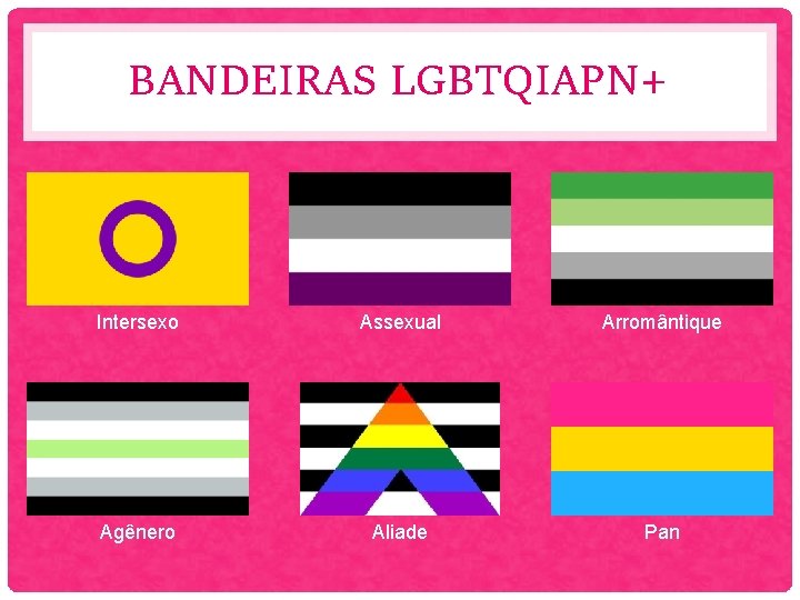 BANDEIRAS LGBTQIAPN+ Intersexo Assexual Arromântique Agênero Aliade Pan 