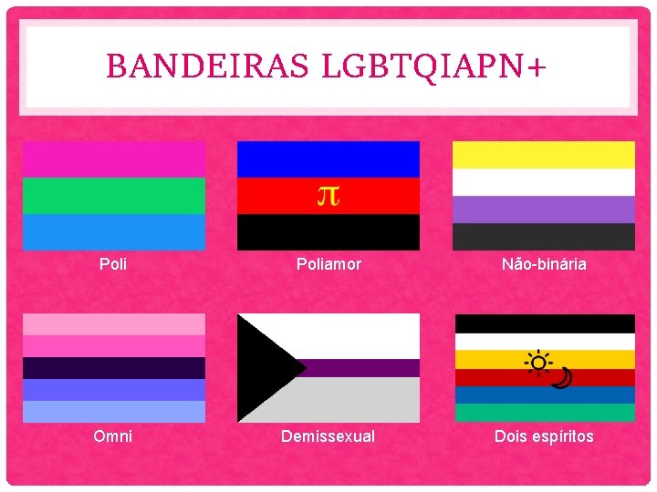 BANDEIRAS LGBTQIAPN+ Poliamor Não-binária Omni Demissexual Dois espíritos 