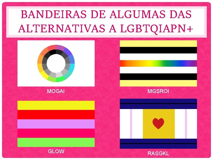 BANDEIRAS DE ALGUMAS DAS ALTERNATIVAS A LGBTQIAPN+ MOGAI MGSROI GLOW RASGKL 