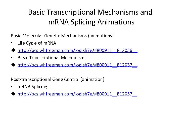 Basic Transcriptional Mechanisms and m. RNA Splicing Animations Basic Molecular Genetic Mechanisms (animations) •