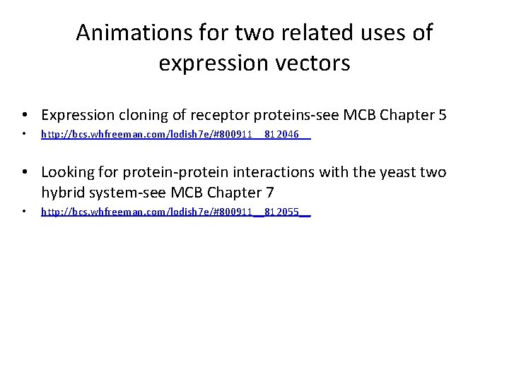 Animations for two related uses of expression vectors • Expression cloning of receptor proteins-see