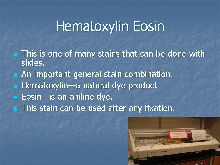 Hematoxylin Eosin n n This is one of many stains that can be done