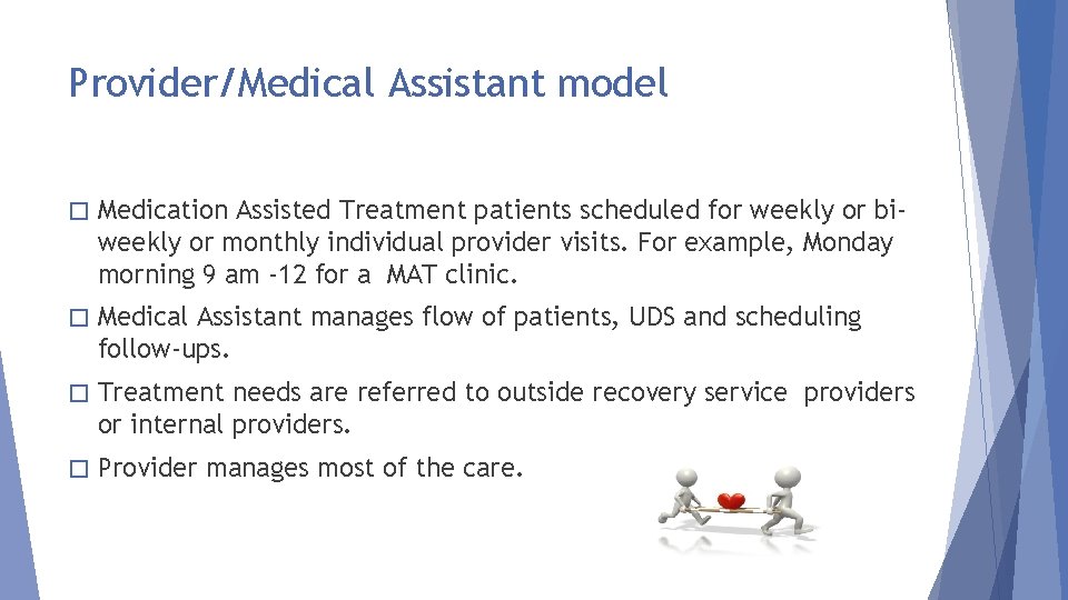 Provider/Medical Assistant model � Medication Assisted Treatment patients scheduled for weekly or biweekly or