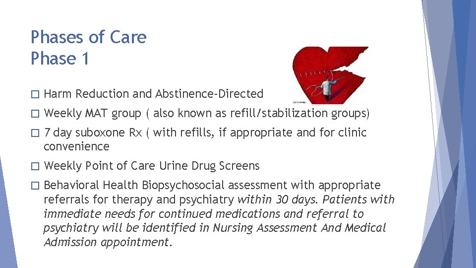 Phases of Care Phase 1 � Harm Reduction and Abstinence-Directed � Weekly MAT group