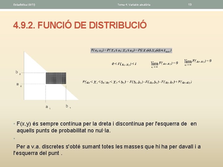 Estadística (GITI) Tema 4. Variable aleatòria 19 4. 9. 2. FUNCIÓ DE DISTRIBUCIÓ •