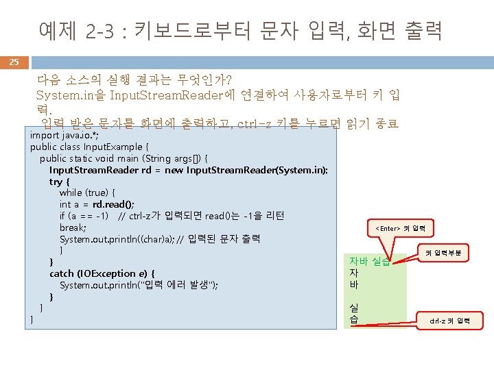 예제 2 -3 : 키보드로부터 문자 입력, 화면 출력 25 다음 소스의 실행 결과는