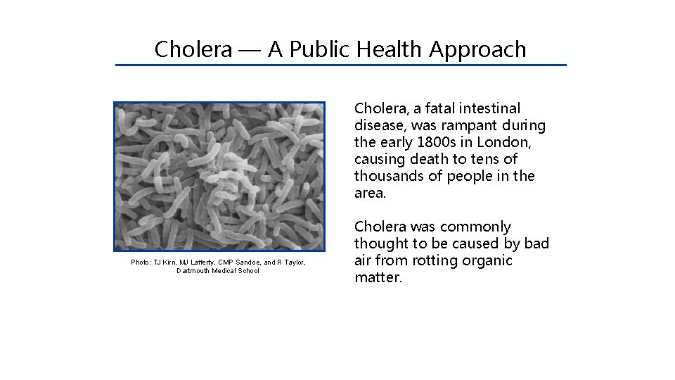 Cholera — A Public Health Approach Cholera, a fatal intestinal disease, was rampant during