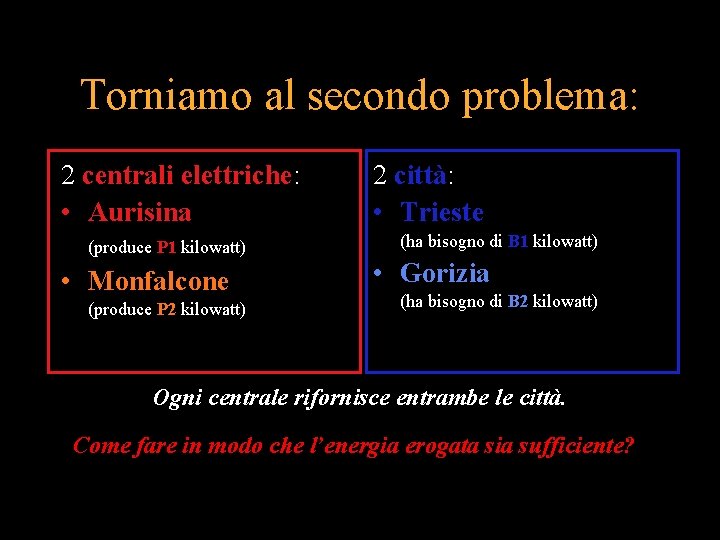 Torniamo al secondo problema: 2 centrali elettriche: • Aurisina (produce P 1 kilowatt) •