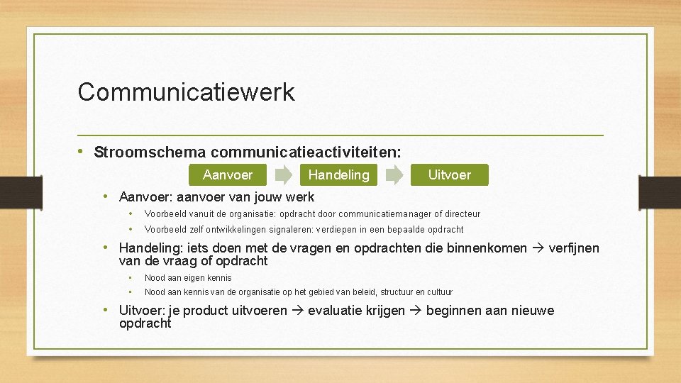 Communicatiewerk • Stroomschema communicatieactiviteiten: Aanvoer Handeling Uitvoer • Aanvoer: aanvoer van jouw werk •