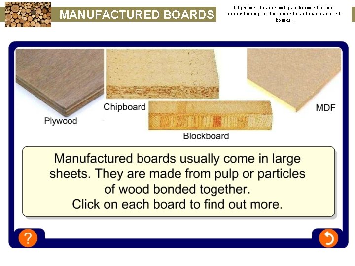 MANUFACTURED BOARDS Objective - Learner will gain knowledge and understanding of the properties of