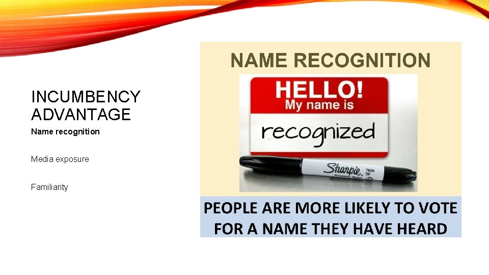 INCUMBENCY ADVANTAGE Name recognition Media exposure Familiarity 