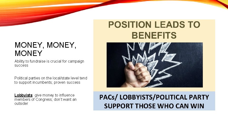MONEY, MONEY Ability to fundraise is crucial for campaign success Political parties on the