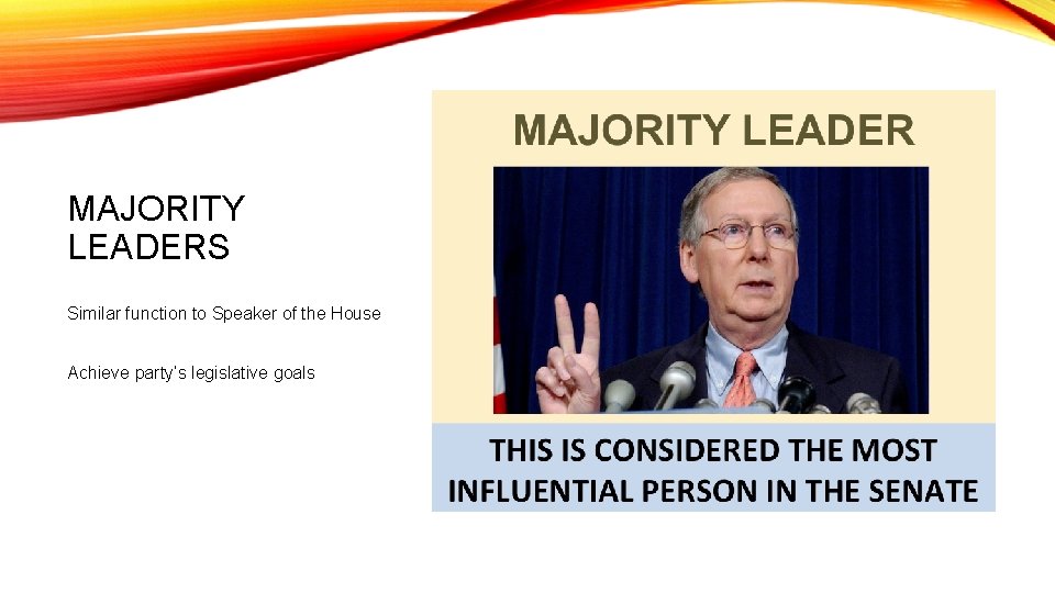 MAJORITY LEADERS Similar function to Speaker of the House Achieve party’s legislative goals 