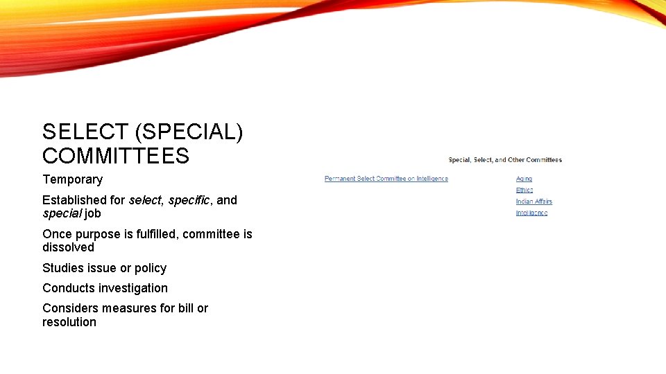 SELECT (SPECIAL) COMMITTEES Temporary Established for select, specific, and special job Once purpose is