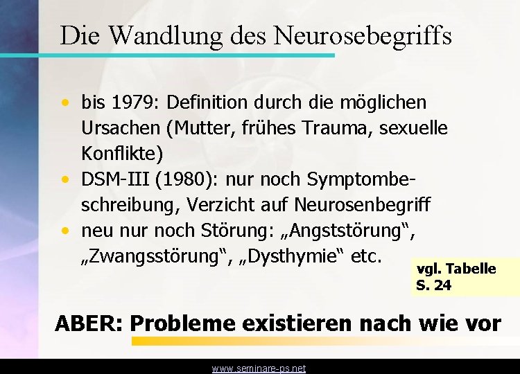 Die Wandlung des Neurosebegriffs • bis 1979: Definition durch die möglichen Ursachen (Mutter, frühes