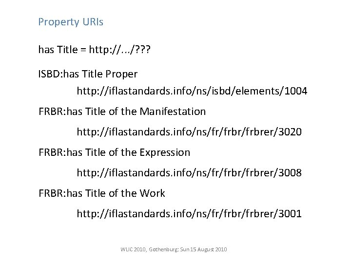 Property URIs has Title = http: //. . . /? ? ? ISBD: has