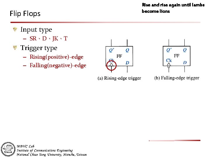 Flip Flops Input type – SR、D、JK、T Trigger type – Rising(positive)-edge – Falling(negative)-edge Rise and