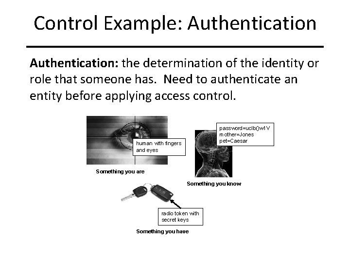 Control Example: Authentication: the determination of the identity or role that someone has. Need