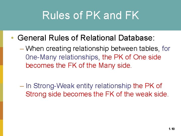 Rules of PK and FK • General Rules of Relational Database: – When creating