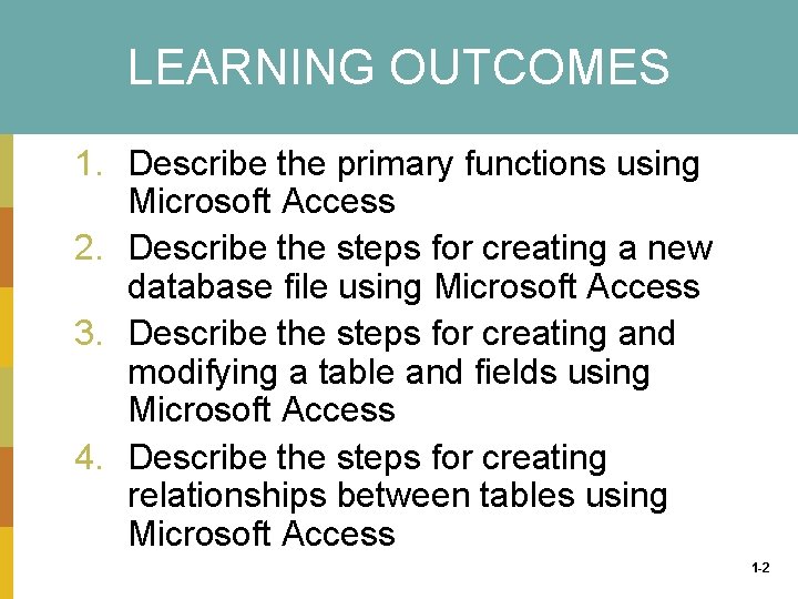 LEARNING OUTCOMES 1. Describe the primary functions using Microsoft Access 2. Describe the steps