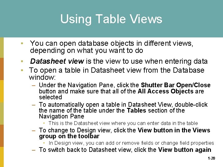 Using Table Views • You can open database objects in different views, depending on