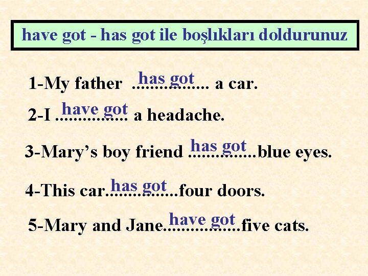 have got - has got ile boşlıkları doldurunuz has got a car. 1 -My