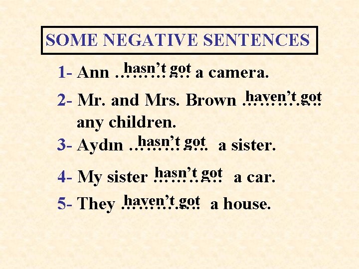 SOME NEGATIVE SENTENCES hasn’t got a camera. 1 - Ann …………. haven’t got 2