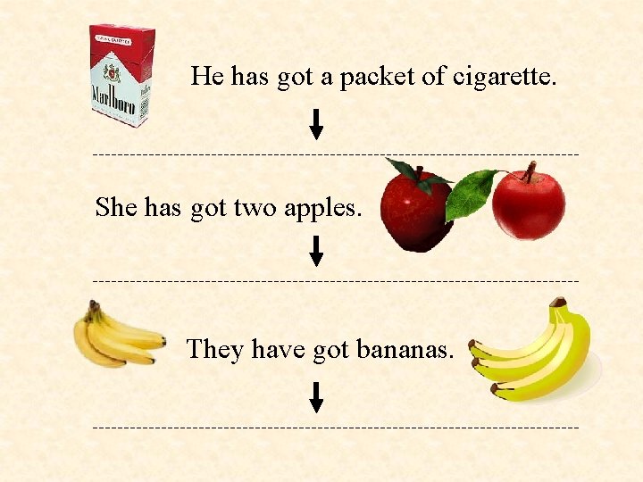 He has got a packet of cigarette. She has got two apples. They have