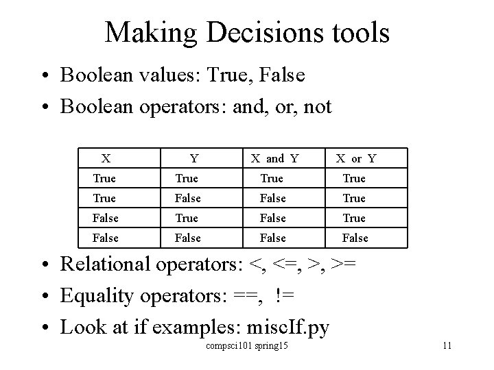 Making Decisions tools • Boolean values: True, False • Boolean operators: and, or, not