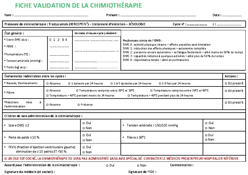 FICHE VALIDATION DE LA CHIMIOTHÉRAPIE Nom : ………………………………………. . Prénom : ………………………………………… Protocole de