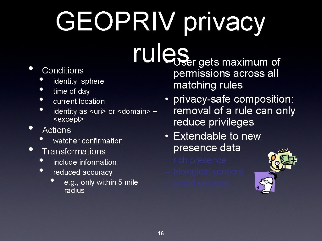  • GEOPRIV privacy rules • User gets maximum of Conditions • • permissions