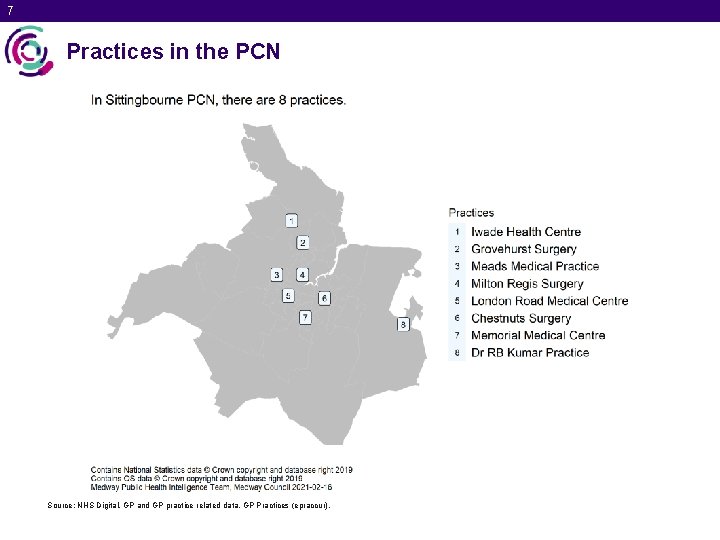 7 Practices in the PCN Source: NHS Digital. GP and GP practice related data.