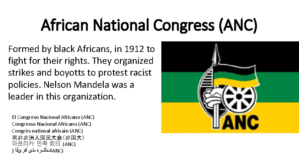 African National Congress (ANC) Formed by black Africans, in 1912 to fight for their