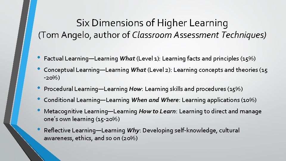 Six Dimensions of Higher Learning (Tom Angelo, author of Classroom Assessment Techniques) • •