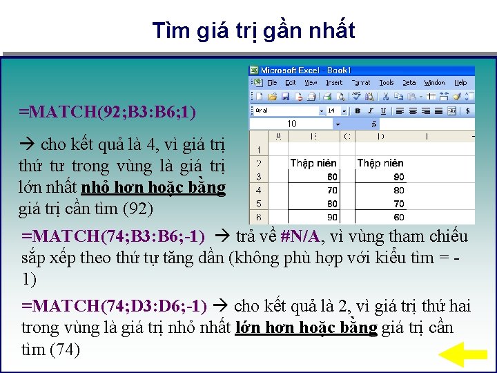 Tìm giá trị gần nhất =MATCH(92; B 3: B 6; 1) cho kết quả