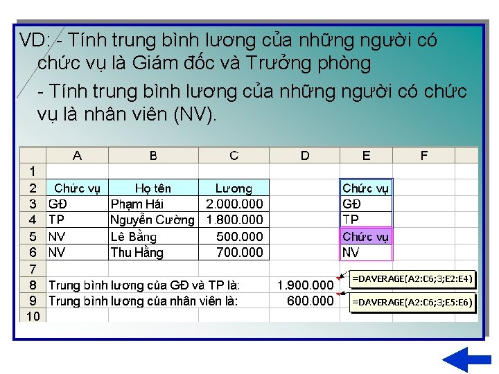 VD: - Tính trung bình lương của những người có chức vụ là Giám