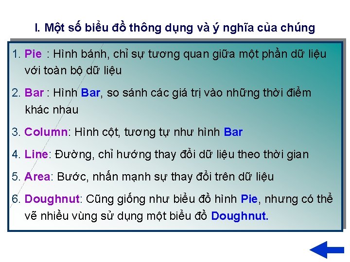 I. Một số biểu đồ thông dụng và ý nghĩa của chúng 1. Pie