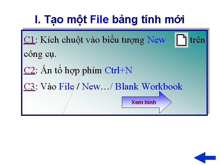 I. Tạo một File bảng tính mới C 1: Kích chuột vào biểu tượng